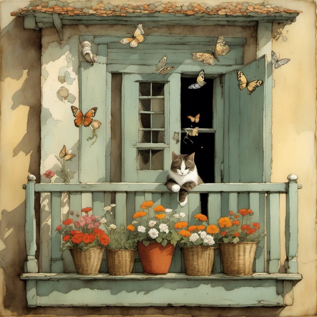 Idyllic Balcony Scene with Cat, Birds, and Flowers