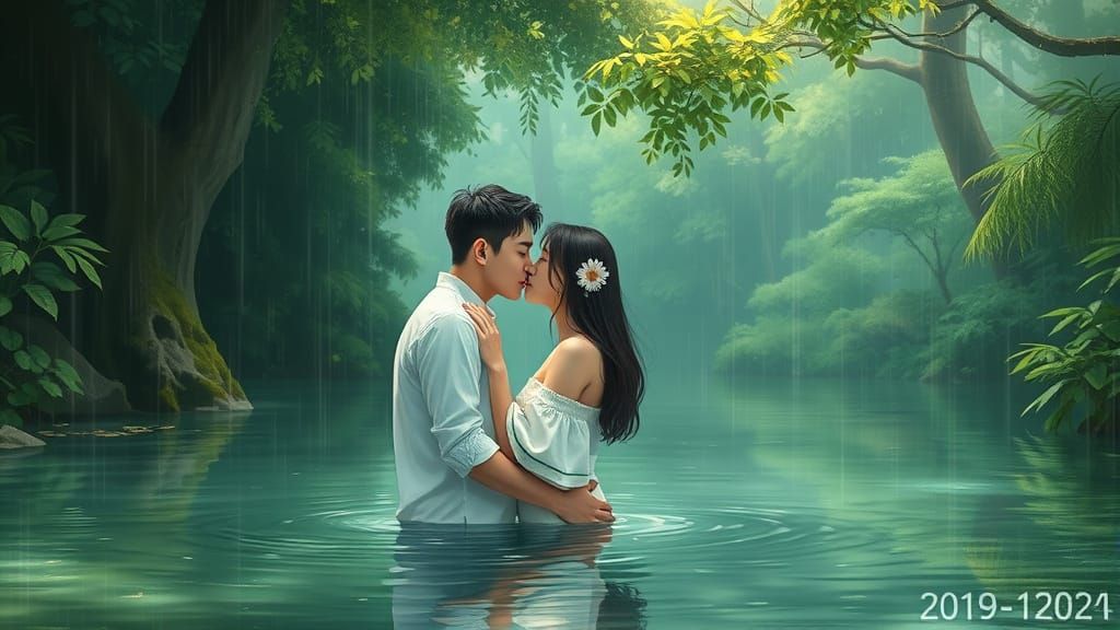 Romantic Kiss in Forest, Art Nouveau Style