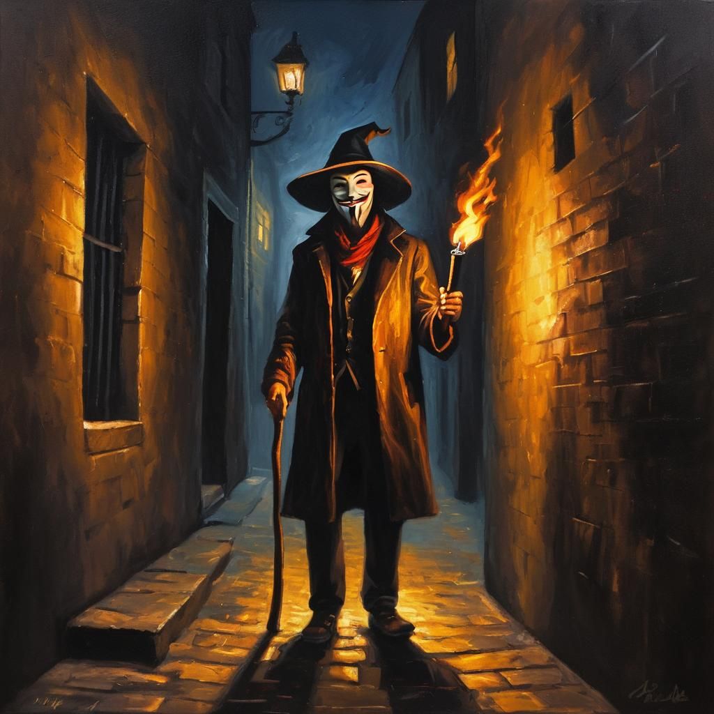 Guy Fawkes in Alleyway: Oil Painting with Torch