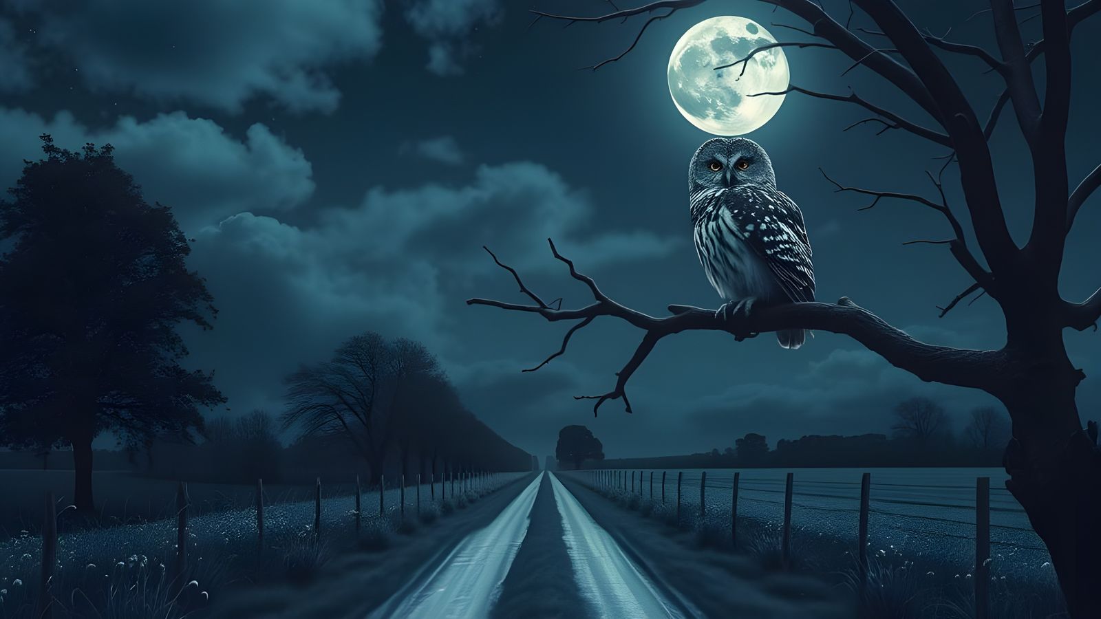 Whispers of a Lone Grey Owl in Moonlit Countryside