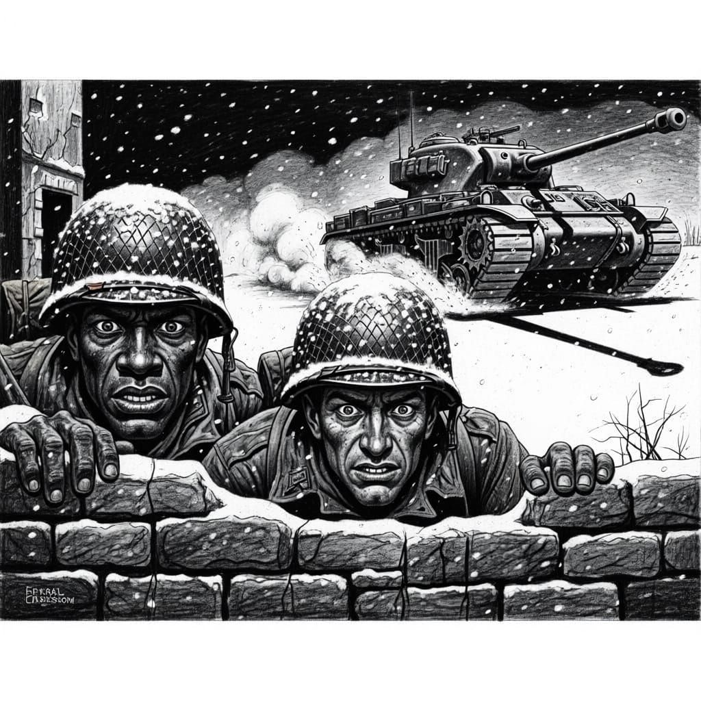 WWII Soldiers in Snow, Charcoal Drawing Style