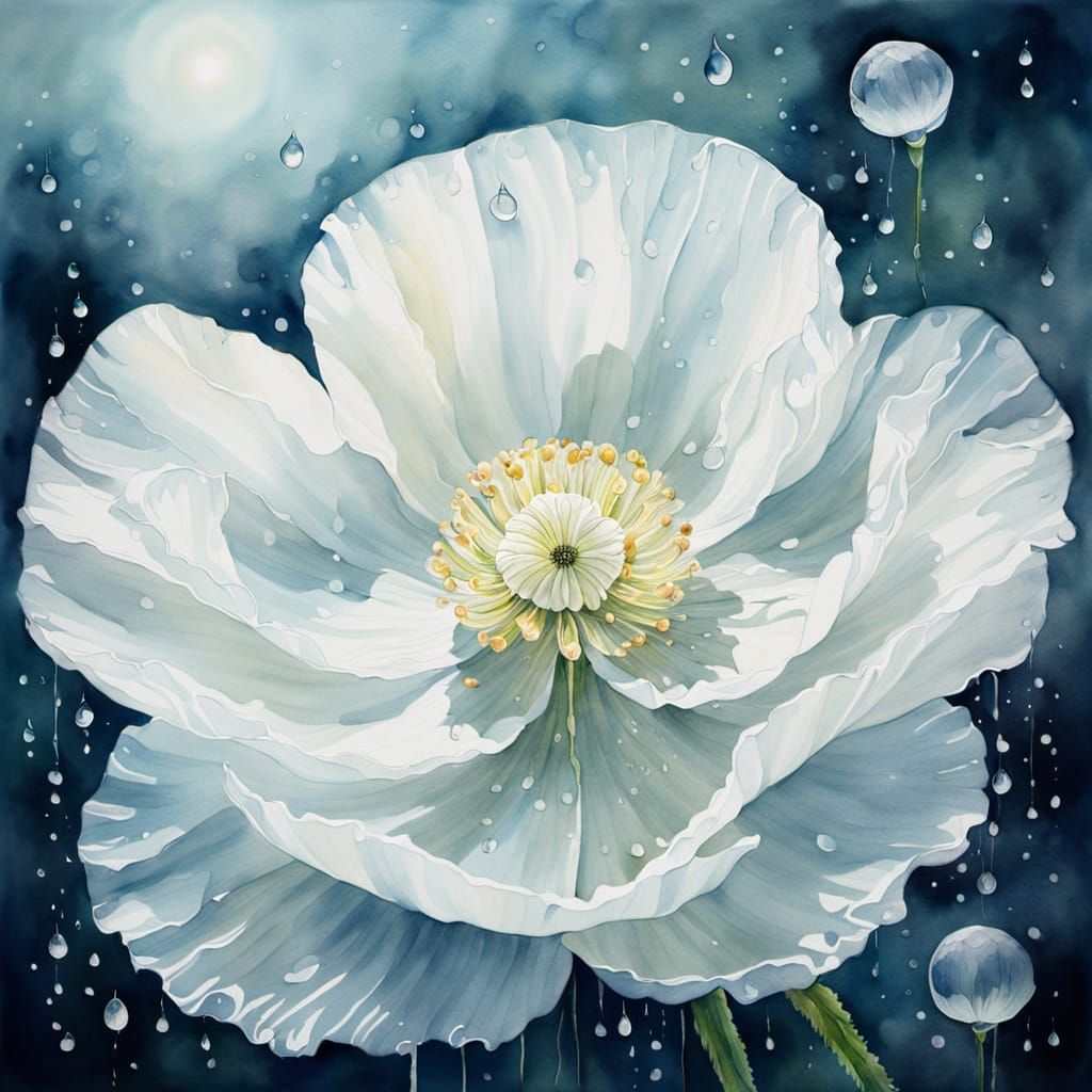 Ethereal Watercolor of White Poppy Floating in Water