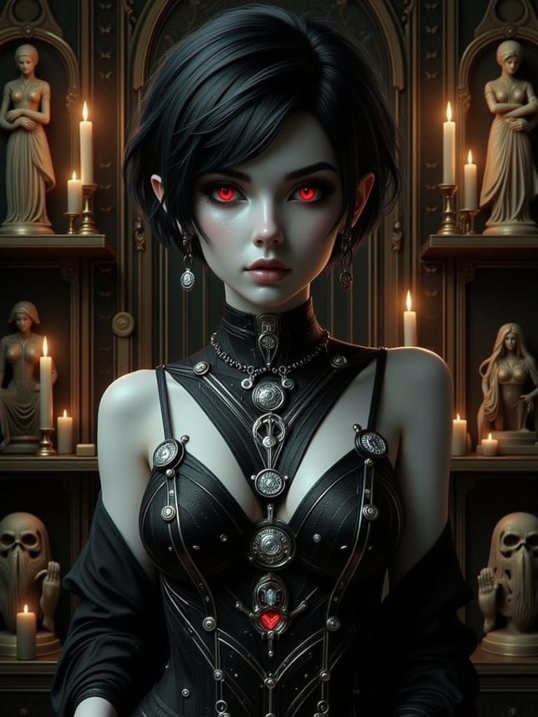 Short black haired goth elf woman with red eyes and lips, pale complexion, wearing goth clothes and silver jewelry stand...