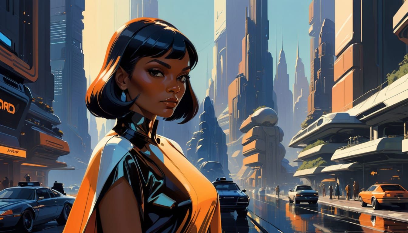 Futuristic Cityscape Character Portrait in Retro Style