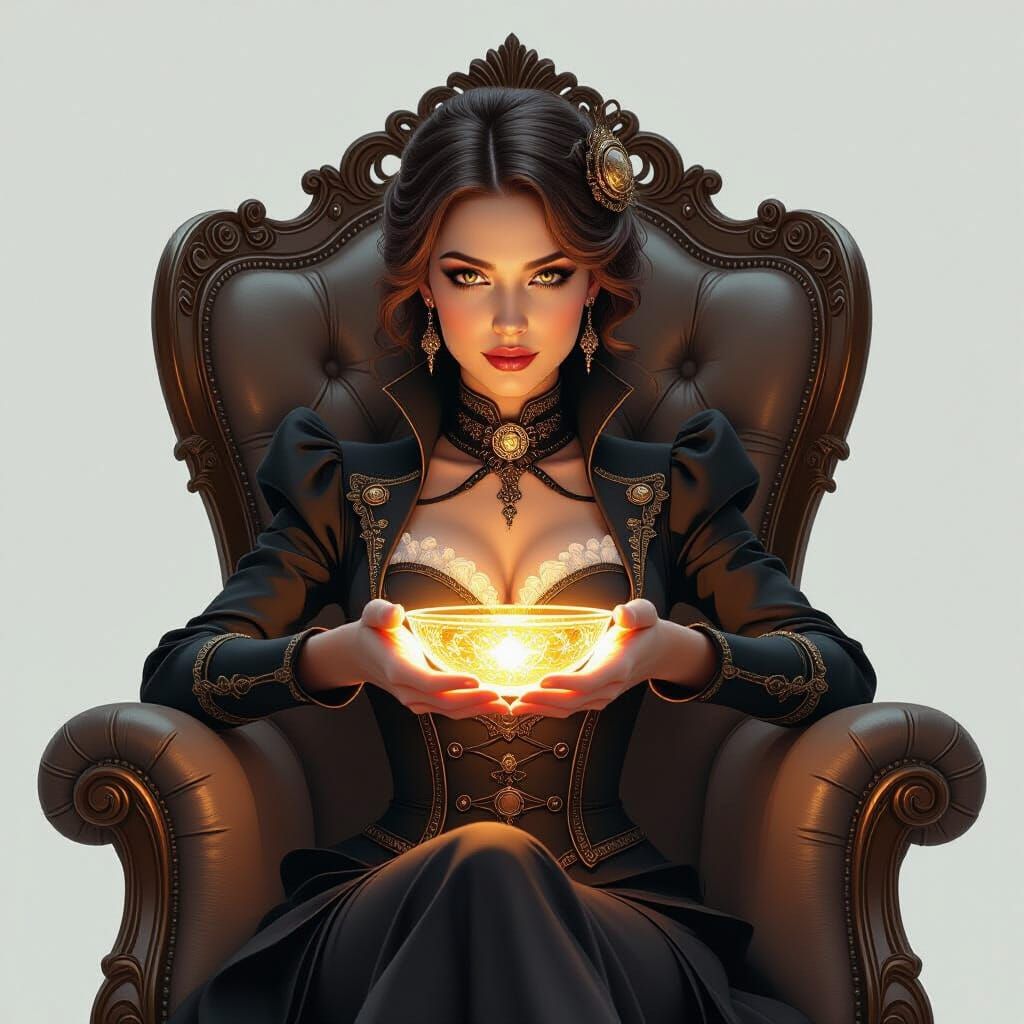 Steampunk Woman Forms Glowing Bowl on Victorian Chair