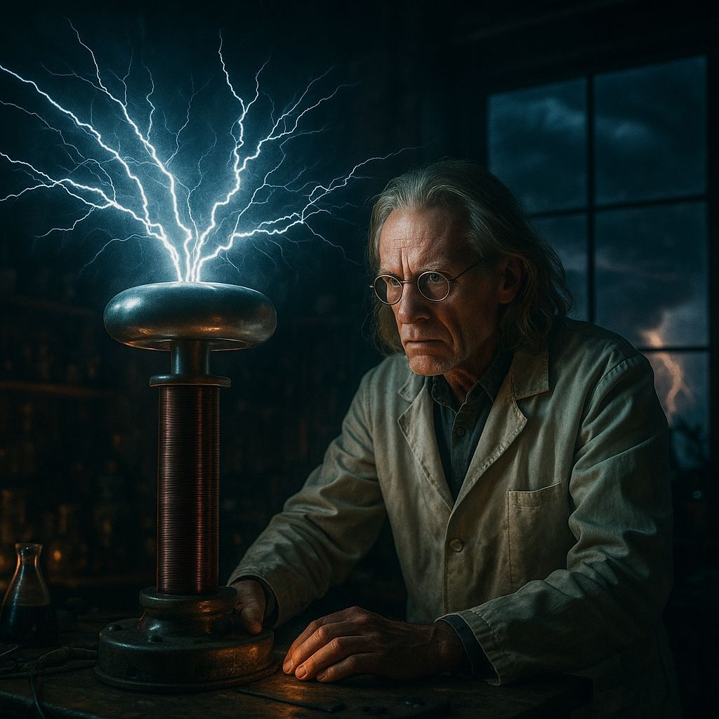 Mad Scientist and Tesla Coil in Storm, Hyperrealistic