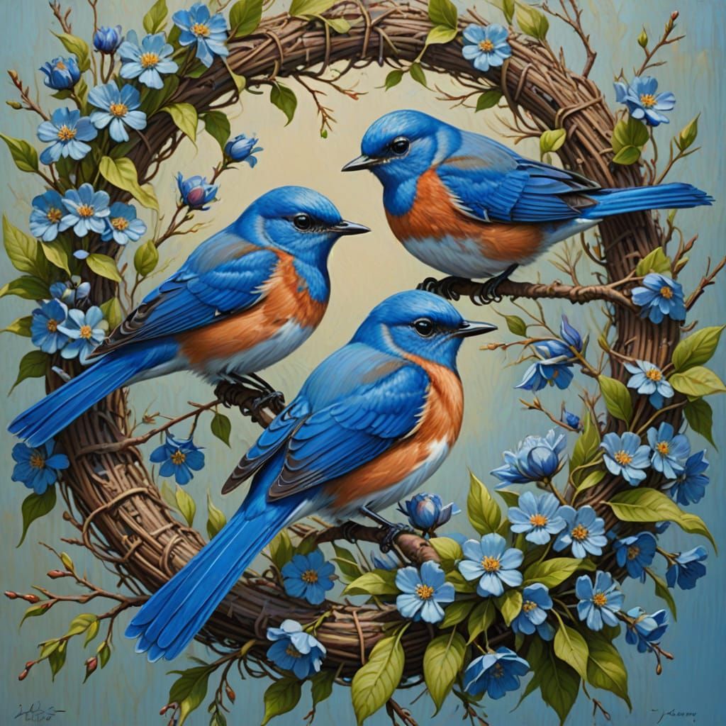 Bluebirds in Blossoms: Oil Painting