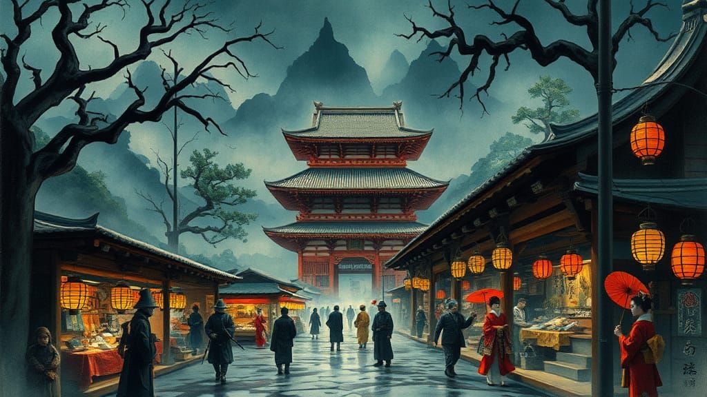 Eerie Japanese Market with Samurai and Geisha
