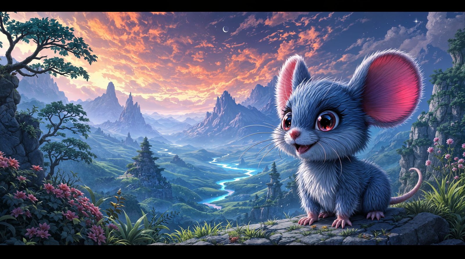 Vibrant Chibi Mouse in Eldritch Landscape