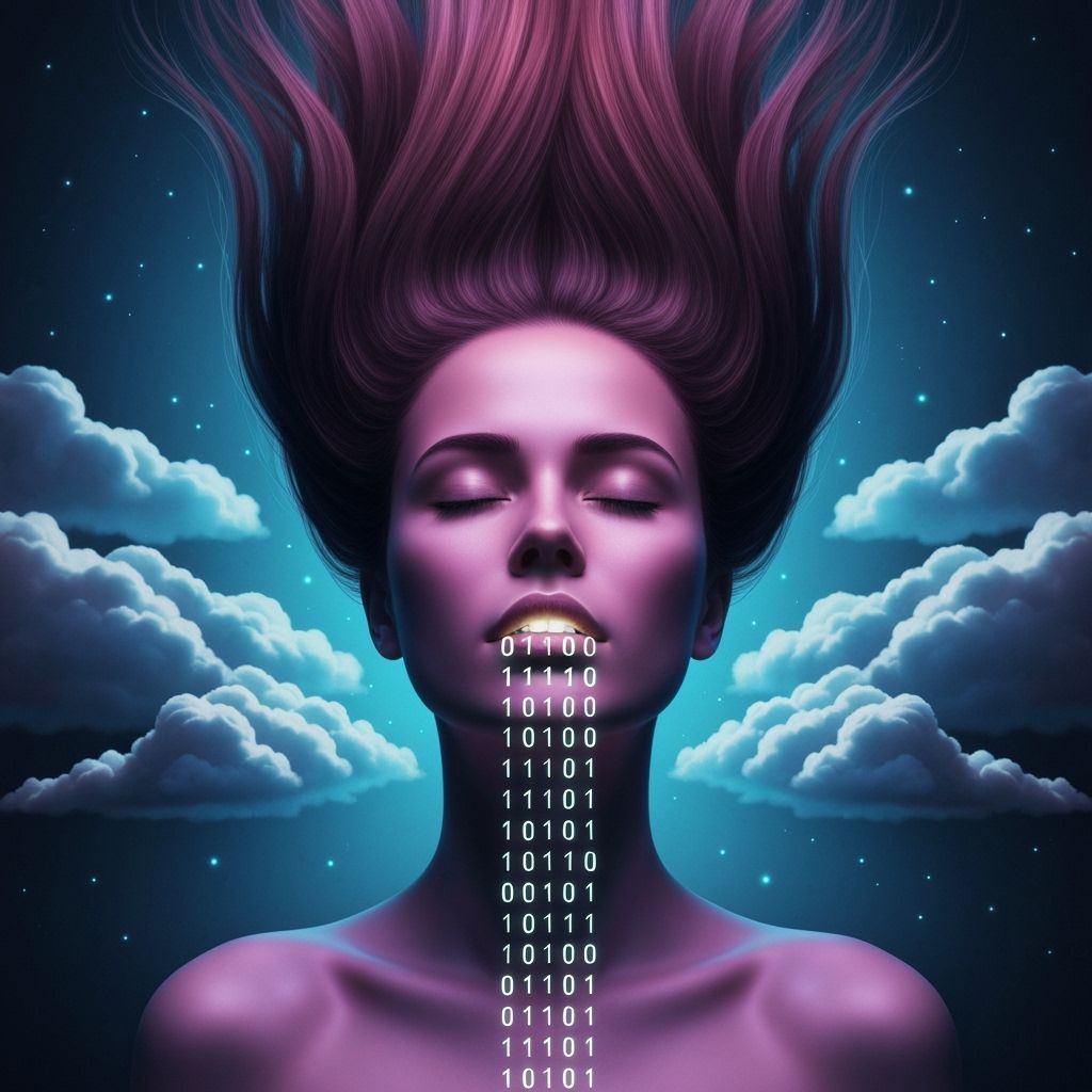 Dreamlike Woman with Binary Secrets, Ethereal Neon Clouds