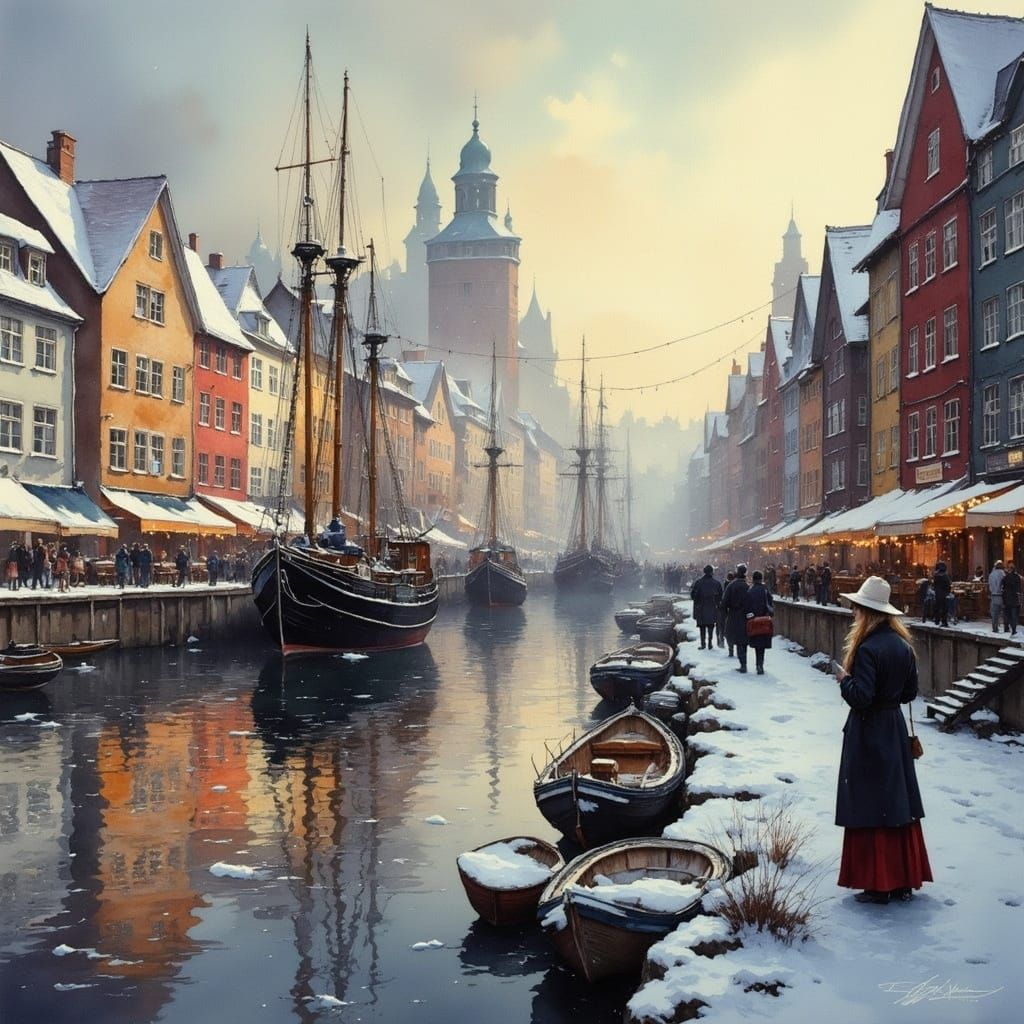 Serene Winter Scene in Nyhavn, 1920s Danish Impressionism