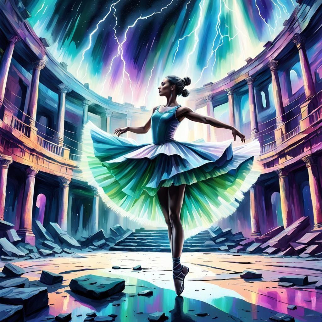 A lone ballerina dancing amid the ruins of an abandoned thea...