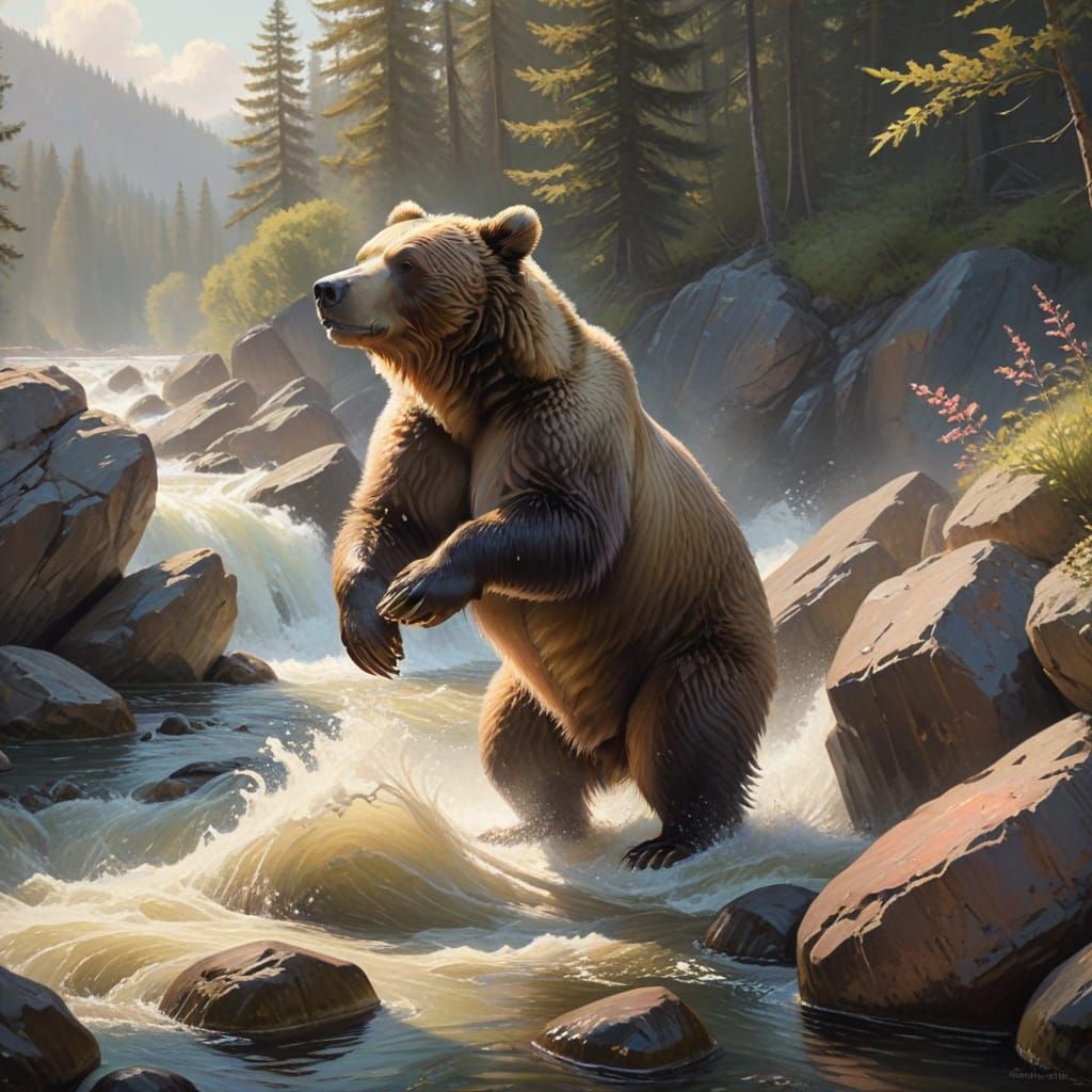 Brown Bear Catches Salmon in Ethereal River Light