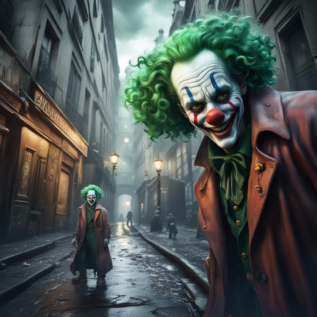 Menacing Clown in Paris Alleyway: Detailed Matte Painting