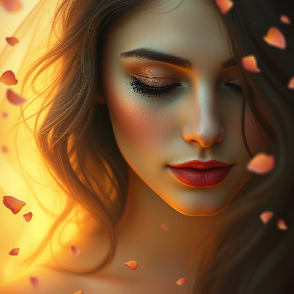 Ethereal Woman Lost in Whispers of Rose Petals