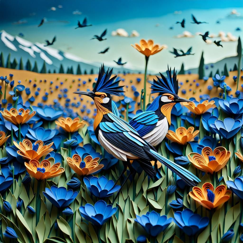 Quilled Hoopoes in Blue Poppy Field