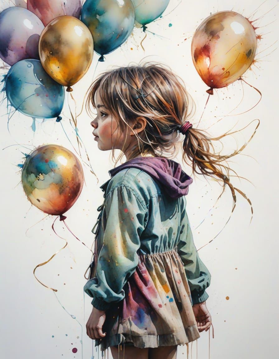Girl with Balloons in Watercolor Style