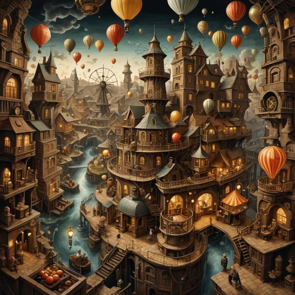 Escher-Inspired Mindscape with Windmills and Steam-Punk Elem...