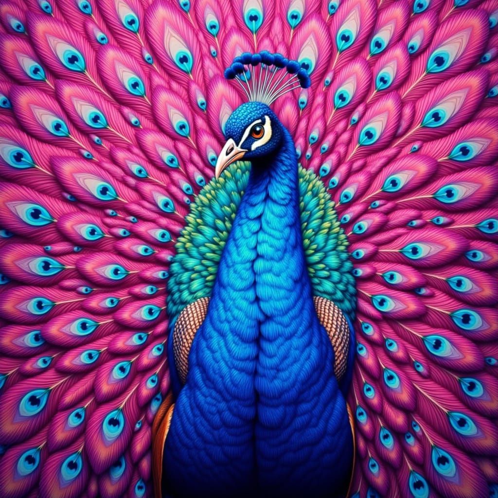 Vibrant Peacock with Fanned Tail Feathers in Neo Traditional...