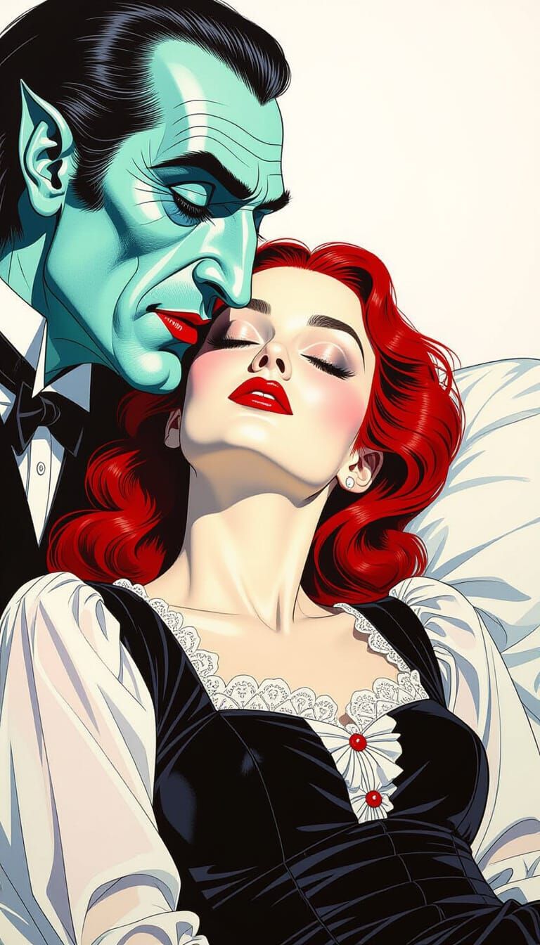 Dracula Attacks Sleeping Woman in Mixed Media Style