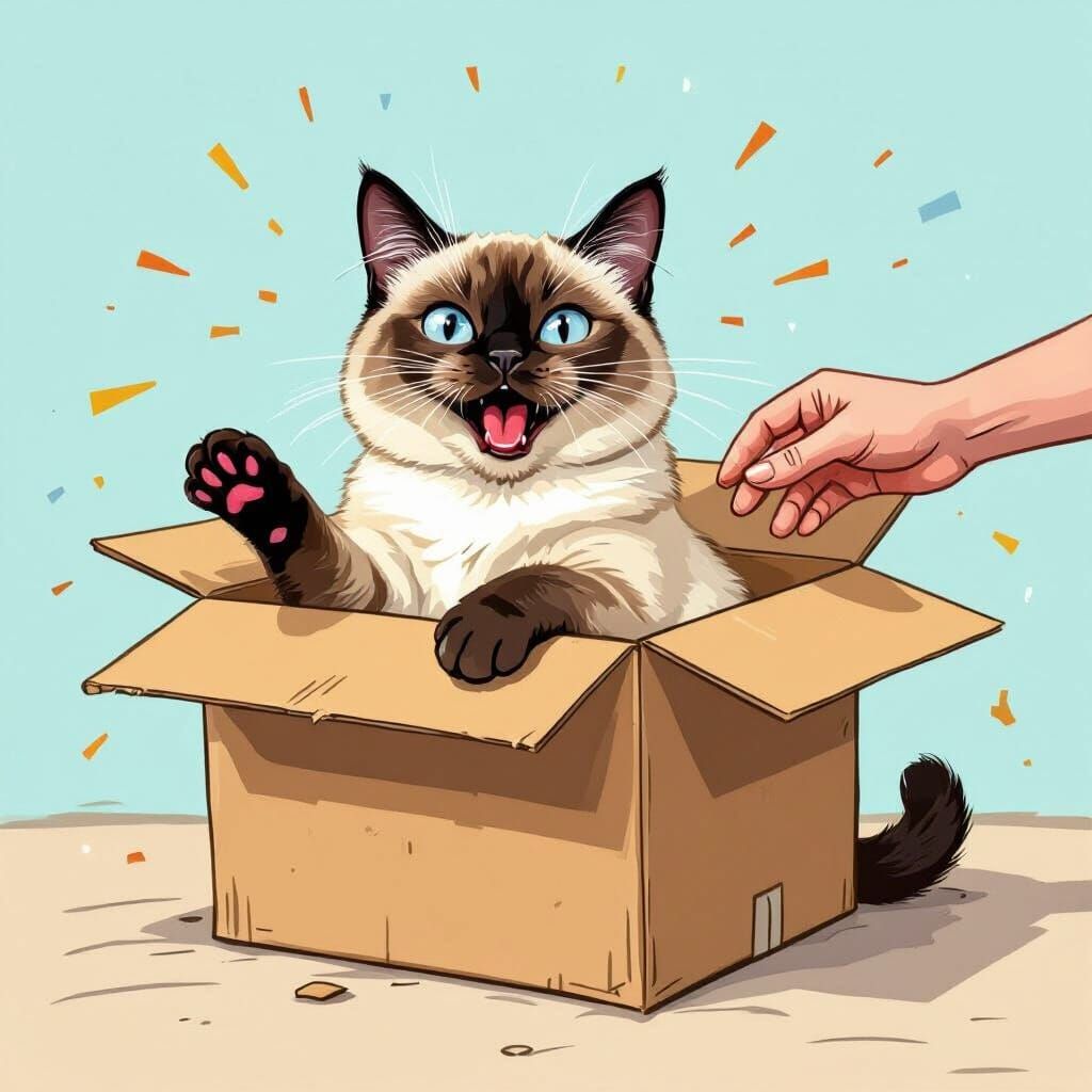 Majestic Cat's Chaotic Joy in Cardboard Box