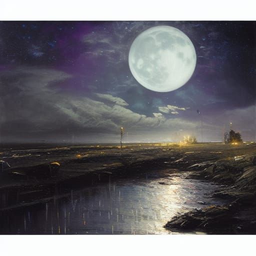 Surreal Moonlight Nightscape as Oil Painting