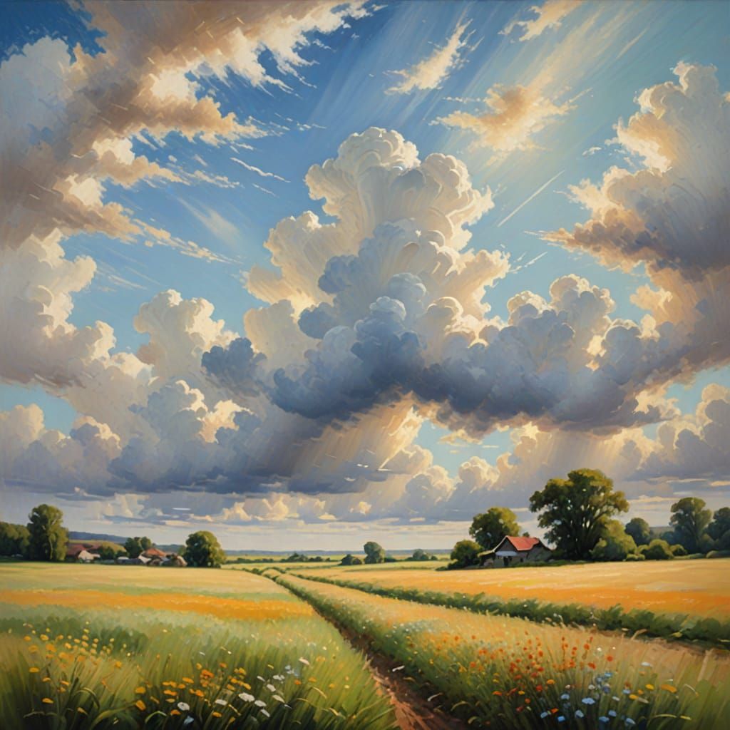 Impressionist Masterpiece: Lush Green Fields and Blooming Wi...