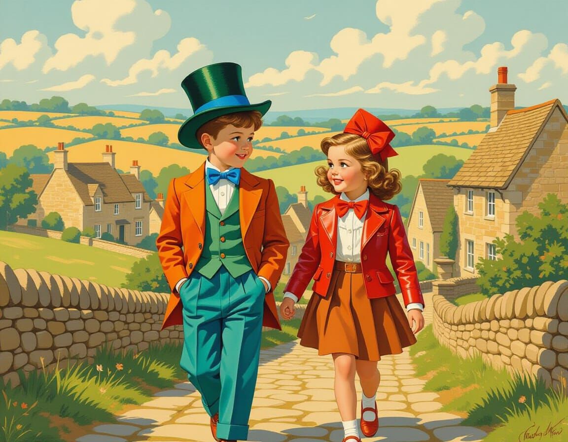Children Strolling Through Cotswolds in Pin-Up Style