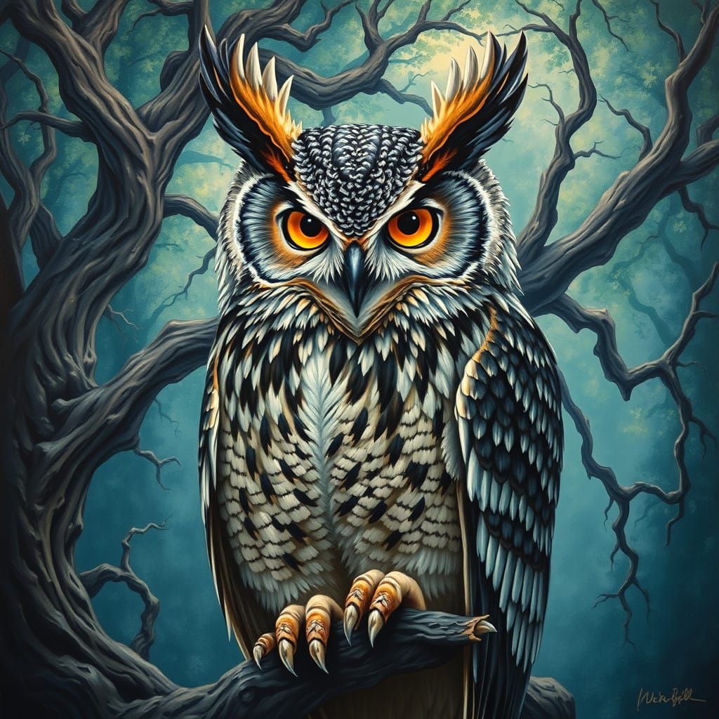 Magnificent Great Horned Owl in Impressionist Style