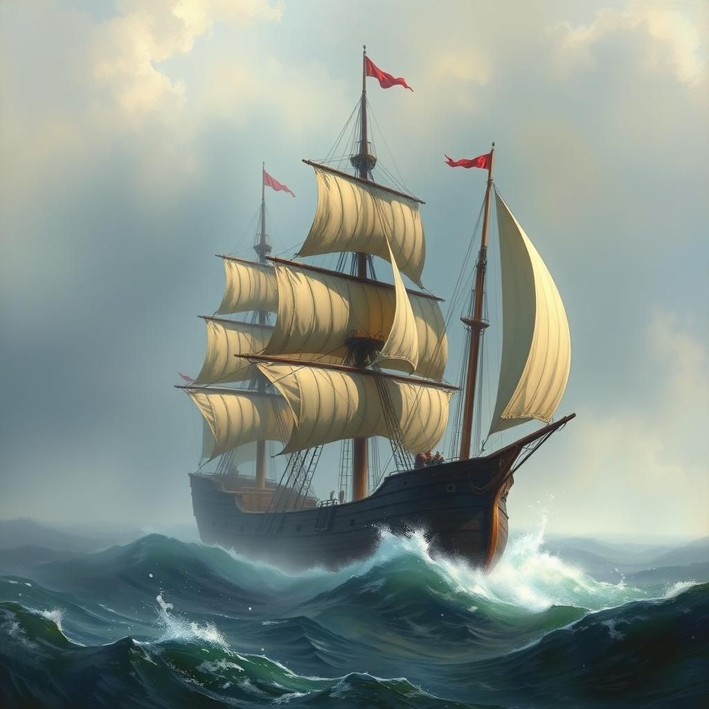 15th Century Ships Sailing Through Stormy Seas