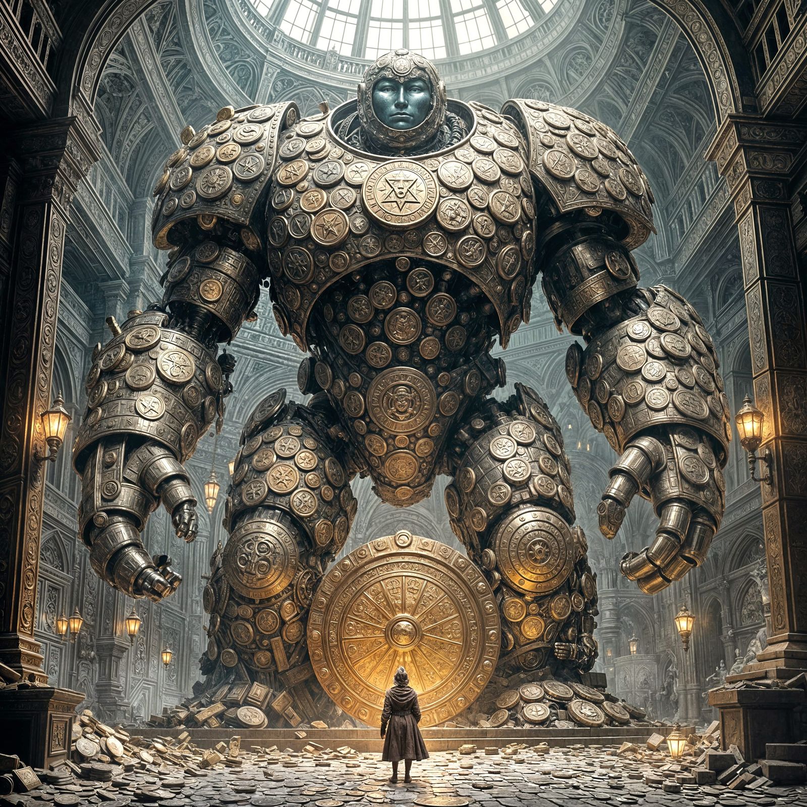 Coin Golem Vault Guardian in Victorian Aesthetic