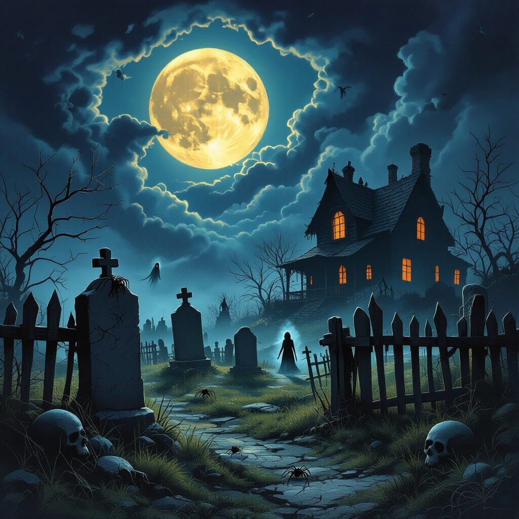 Creepy Graveyard at Night with Ghosts and Spiders