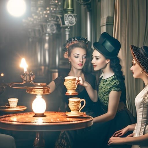 Enchanted 1800s Cafe Scene with Magical Lights