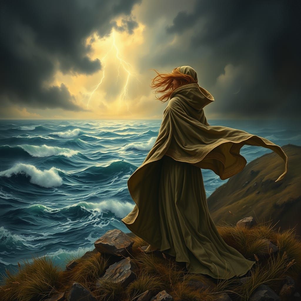 Woman on Windswept Moor in Romantic Style