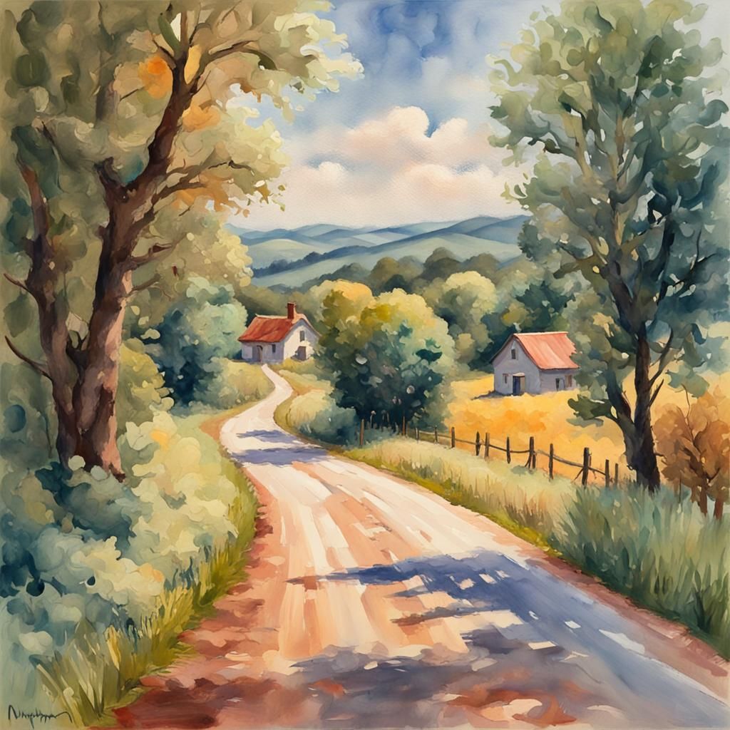 Country Road in Gouache and Watercolor Style