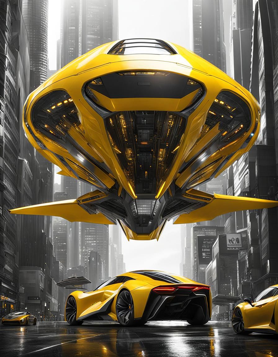 Futuristic Yellow Vehicle in Sci-Fi Metropolis