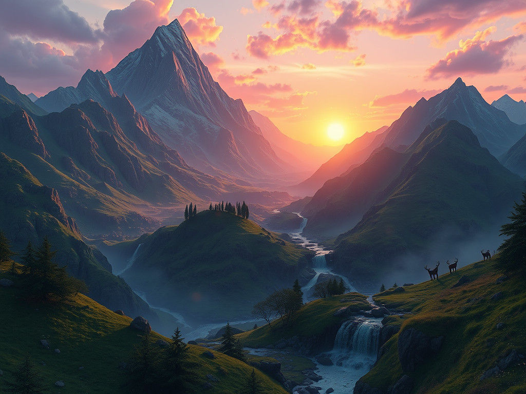 Lush Mountain Sunset: Detailed Matte Painting