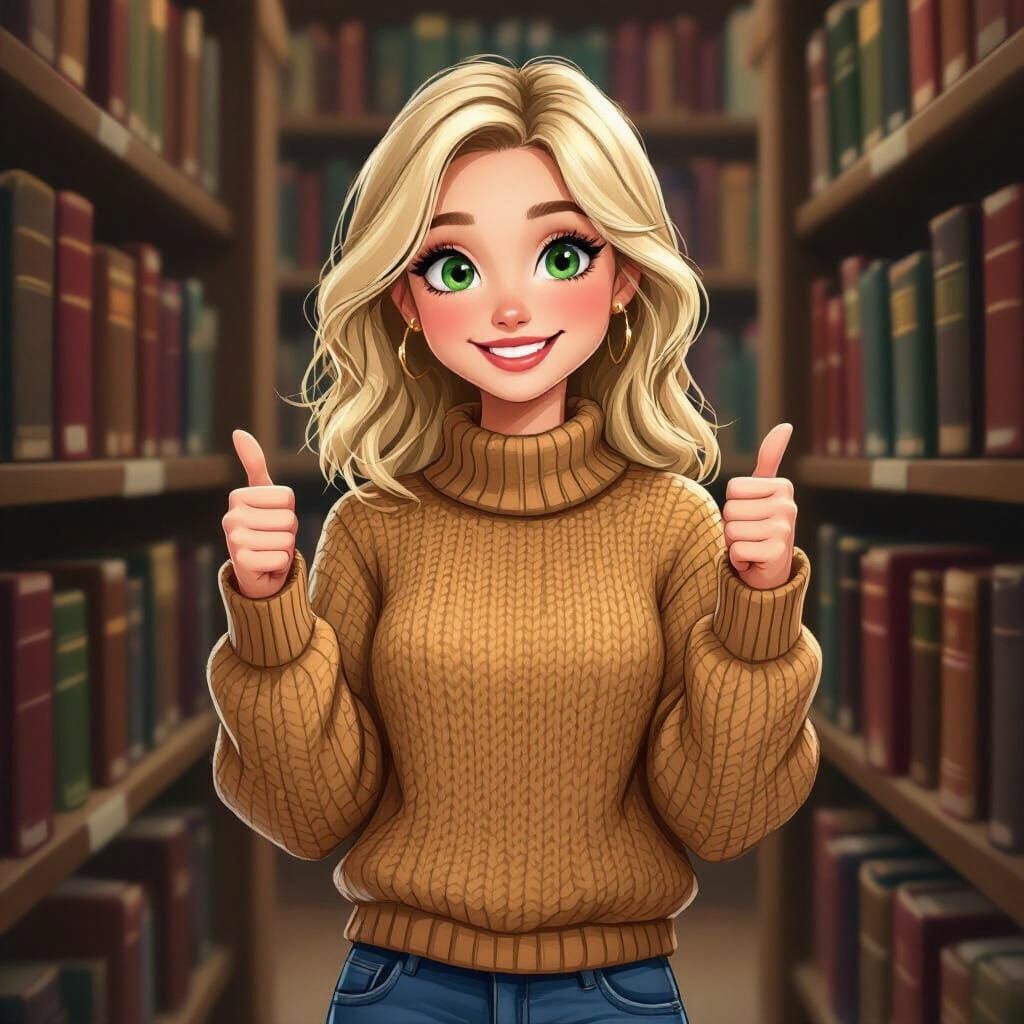 Blonde Girl Gives Thumbs Up in Whimsical Library