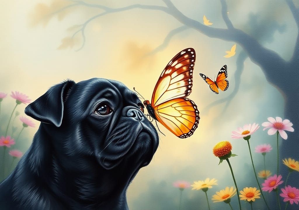 Cottagecore Pug in Gouache Watercolor Style