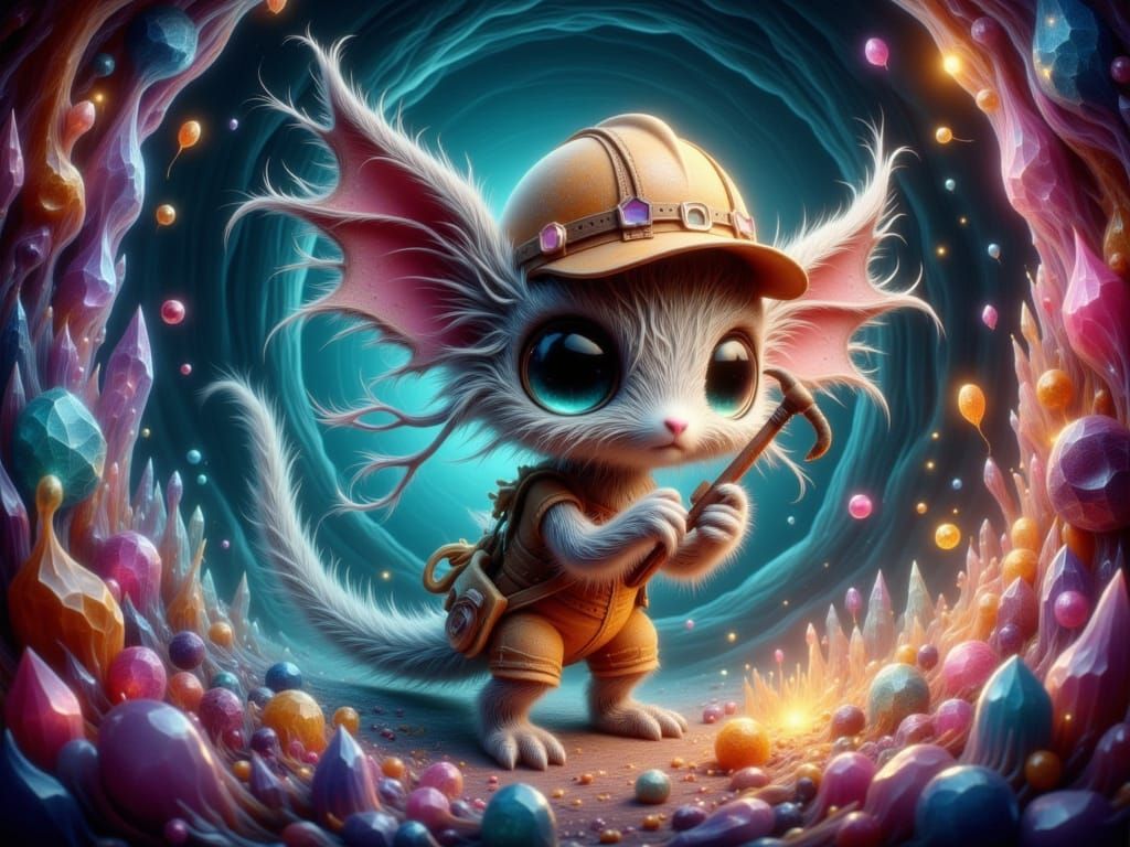 Whimsical Stitchie Miner in a Glowing Crystal Cave