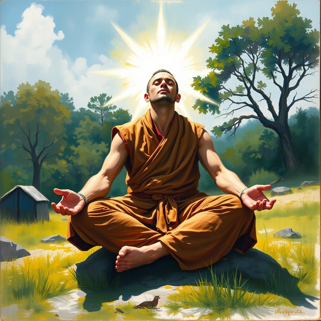 Meditating Superhero in Gouache Style with Astral Energy