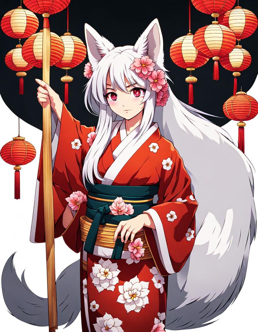 Kitsune Woman in Kimono with Tails