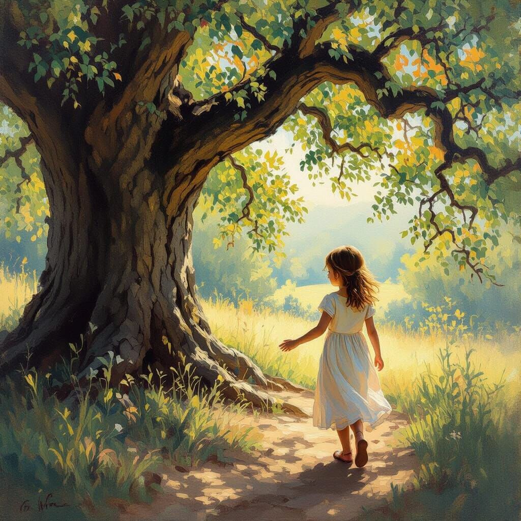 Blind Girl Touches Ancient Oak in Impressionistic Oil Painti...