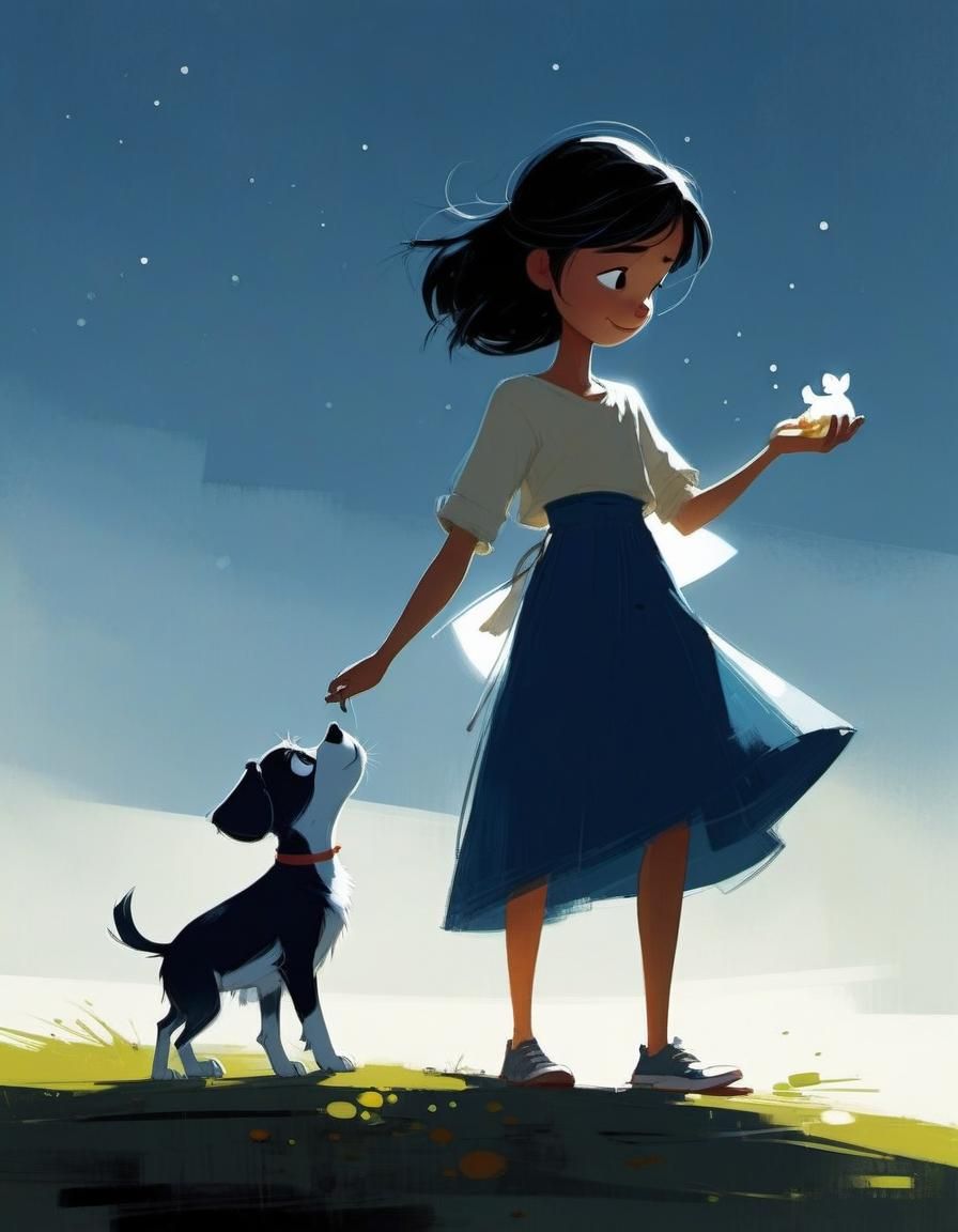 Girl and Puppy in Animated Style