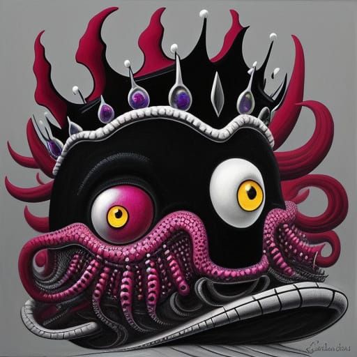 Surrealist Crowned Octopus in Burgundy and Black
