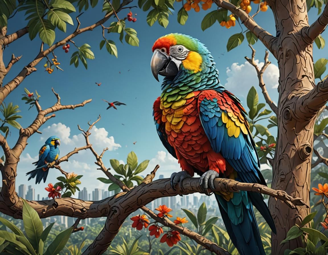 Colorful Parrot on Branch, Coloring Book Style