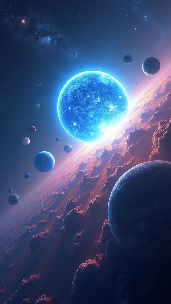 Blue Giant Star with Habitable Planets, Hyperrealistic Art