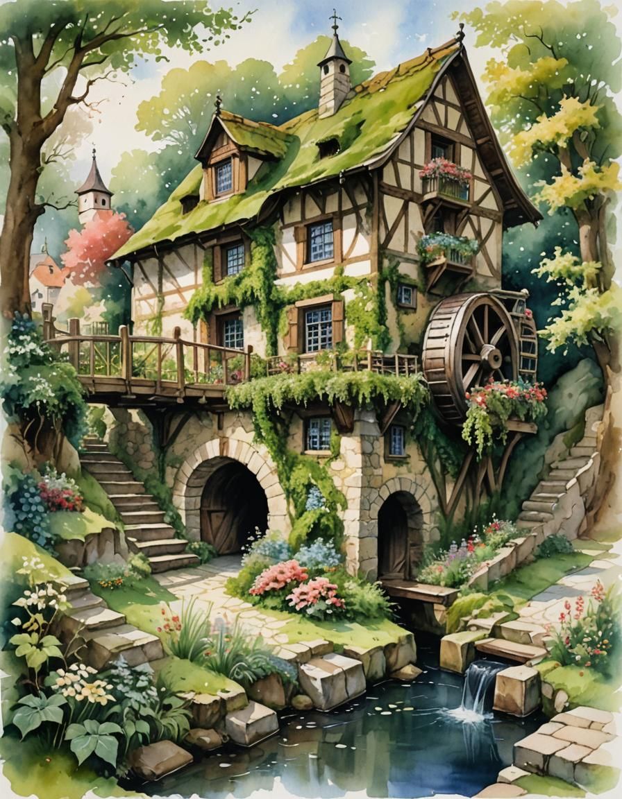 Charming Moss-Covered Watermill: A Watercolor Painting