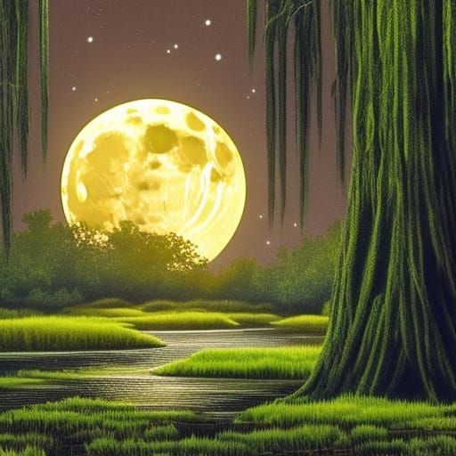 Sinister Cypress in Bayou Under Golden Moon