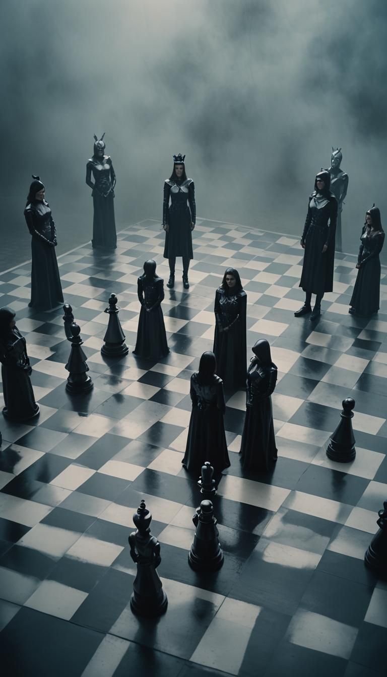 Female Latex Warriors Play Chess: Cinematic Film Still